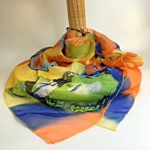 Butterfly Scarf Polyester Blue Green Orange Aqua White 30x38